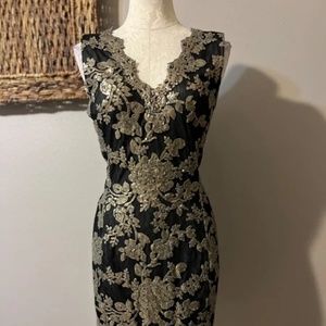 Tadashi Shoji Dress Bronze Gold Black 4 Beaded Cocktail Party Cruise